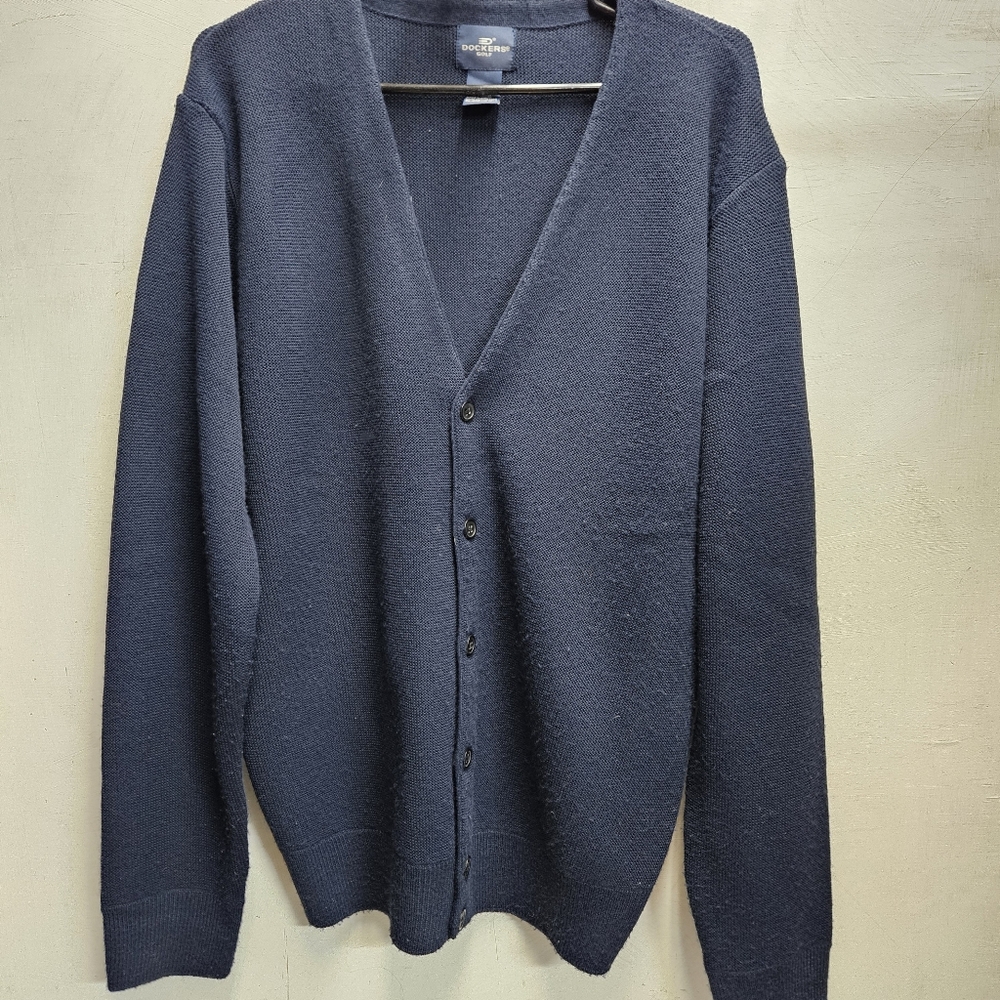 DOCKERS Golf Dark Blue Acrylic Knit Full Swing Cardigan Sweater Medium